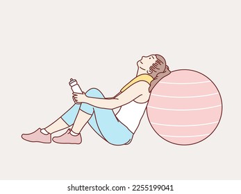 woman tired resting sit after training workout lean on rubber ball  towel in her neck simple korean style illustration