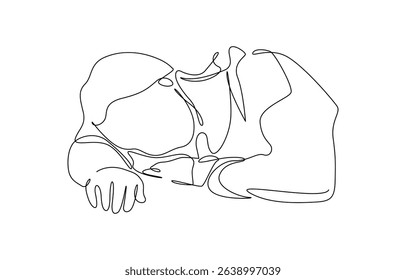 Woman tired sleepy overwork office line art, Continuous single line sketch drawing of business woman in depression, stressed, and despair. One line art vector illustration.