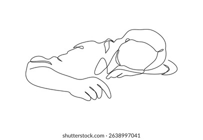 Woman tired sleepy overwork office line art, Continuous single line sketch drawing of business woman in depression, stressed, and despair. One line art vector illustration.