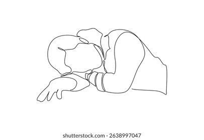 Woman tired sleepy overwork office line art, Continuous single line sketch drawing of business woman in depression, stressed, and despair. One line art vector illustration.