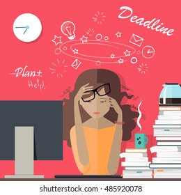 Woman tired at work. Deadline. Girl has a lot of work to do. Lady is all beat up and sick and tired of her business. Flat style. Part of series of daily routine of the week in the office. Vector