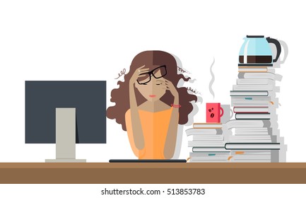 Woman tired at work. Deadline. Girl has a lot of work to do. Lady is all beat up and sick and tired of her business. Flat style. Part of series of daily routine of the week in the office. Vector