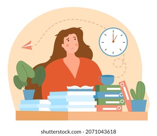 Woman tired working. Character sits littered with books. Reloading, processing. Low energy employee, many tasks. Office clerk, bored girl, headache, frustration. Cartoon flat vector illustration