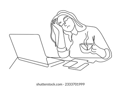 Woman is Tired of working on a Laptop, line art illustration. The girl wants to Sleep. She holds a cup of Coffee in her hands and falls Asleep. Vector linear illustration, eye health and Fatigue.