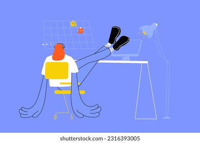 Una mujer está cansada de trabajar y está retrasando. Sentada en su escritorio. En la pared del trabajo se baraja.  Vista lateral. Ilustración vectorial vibrante contemporánea con proporciones distorsionadas. Plano de moda