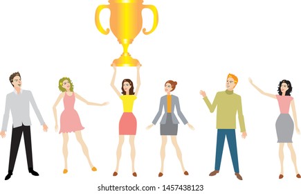 Woman TLift the Trophy on the air , while people man and woman look at her, Competition Abstract Symbol - Vector