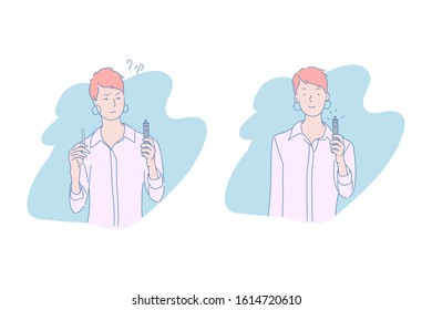 Woman with tobacco and electronic cigarette concept. Healthy lifestyle, giving up smoking, vaping, doubt and right choice, quitting smoking, bad habit rejection. Simple flat vector