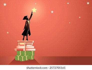 Woman in a toga, symbolizing knowledge, standing atop stacks of money and books reaching for a star. Represents education costs, student debt, and financial challenges in pursuing higher education