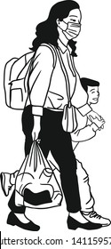 The woman together with his son went to a market holding a grocery bag and his son wearing a mask and a backpack.