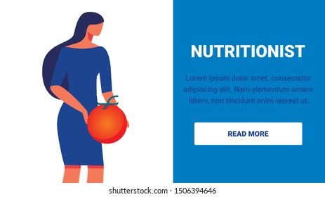 Woman with Tomato in Hand on White Background and Text. Advertising Image. Vector Illustration. Training for Women. Organic Food. Healthy Eating. Diet and Workouts. Healthy Lifestyle.