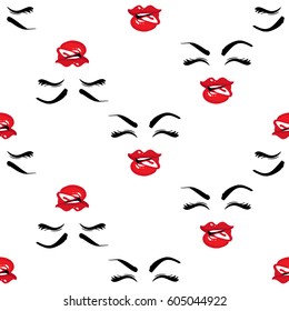 Woman tongue vector emoticons, emoji, smiley icons, characters. Fashion illustrated women's emotional faces seamless pattern.