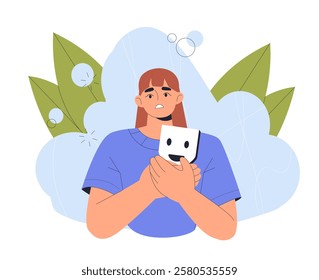 Woman took off mask. Young girl with theatrical mask in hands. Mental and psychological problems. Liar and pretender. Paranoia and schizophrenia. Flat vector illustration