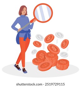 Mujer con herramienta, concepto de ilustración de dinero con monedas rojas y plateadas, pila de monedas y monedas que caen. Ilustración vectorial plana.