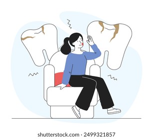 Mujer con dolor de muelas. La muchacha joven se sienta contra el fondo de dientes Grandes con caries. Limpieza e higiene oral. Odontología y estomatología. Cuidado de la salud y medicina. Ilustración vectorial lineal