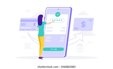 Woman top up e-wallet mobile app credit card payment concept suitable for user interface, ui, ux, web, mobile, banner and infographic.