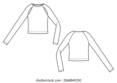 Woman top in vector graphic.
Slim fit long raglan sleeves top with cut outs and crew neck. Fashion isolated illustration template.Scheme front and back views.