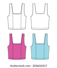 Woman top in vector graphic.
Super slim sleeveless crop top with square neck, wide straps and decorative seams in cut knit fabric. Fashion isolated illustration template.Scheme front and back views.