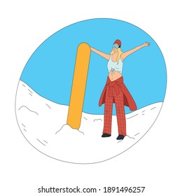 Woman in top, winter trousers and mask standing on snow feeling excited after practicing snowboarding