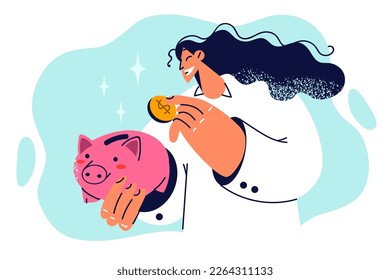 Woman tosses coin into piggy bank to save money for education or purchase of own property in future. Girl wants to become rich and successful, so she collects money in piggy bank symbolizing deposit 