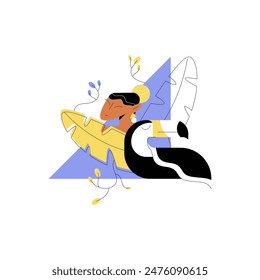 Woman with Toucan Bird and Exotic Foliage Vector Illustration. Portrait of Female with Jungle Flora and Fauna