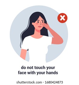 Woman touch his face with his hand. Virus prevention and protection. Coronovirus alert. Isolated vector illustration in cartoon style