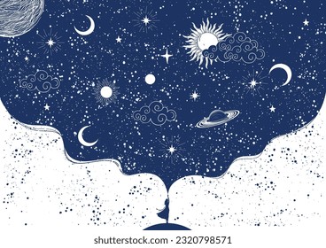 A woman touches the cosmos with her hand, mystical poster of the universe, imagination, astrology. Zodiac banner with planets, stars and sun on blue space background. Flat vector illustration.