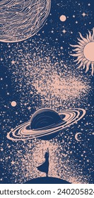 Die Frau berührt einen fliegenden Planeten mit ihrer Hand, surreales Banner mit Sonne, Mond und Sternen, Vintage-Grafik, Druck für T-Shirt, mystische Karte für Zodiac. Vektorgrafik.