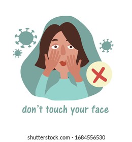 Woman touches her face with hands. Quarantine Precautions During Coronavirus (2019-ncov or covid-19). Illustration in cartoon style isolated on white background.