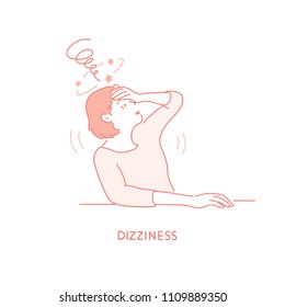 The Woman Touches Her Forehead And Is Dizzy. Hand Drawn Style Vector Doodle Design Illustrations.