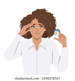 Woman touches her forehead while holding a small medicine bottle, expressing concern or discomfort. Flat Vector character illustration