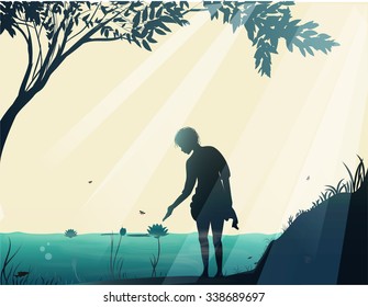 woman touches the lotus or lily in pond in the morning sun rays and standing in the water pond, beauty of nature, shadows, forest morning, vector, 