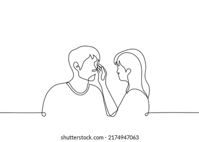 woman touches the man's face. couple looking at each other's eyes - one line drawing vector. woman wipes the tears of a man. concept skinship in a heterosexual couple