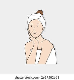 Woman touching beautiful skin. Vector design illustration on skincare.