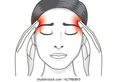Woman touching both sides of her head. because her have migraine pain. This illustration about medical and health.
