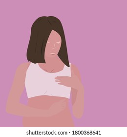 
woman touching breast pink bow with words breast cancer awareness month