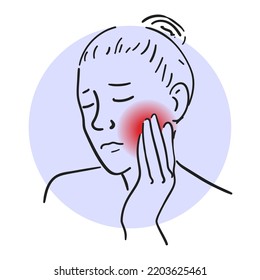 Woman Touching Cheek, Pain The Jaw Vector Isolated. Toothache, Dental Problems. Girl Feelling Strong Pain, Unhealthy Condition.