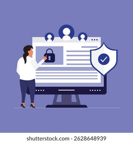 Woman touching computer screen with browser window and lock. Concept of web security software