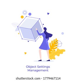 Woman touching cube or cubic model. Concept of object settings management, customization, selection of parameters or features, choosing configuration. Modern flat vector illustration for banner.