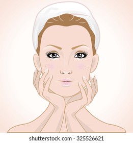 Woman touching her face after Skin care