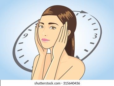 Woman touching her face on blue background which is time symbolic. This illustration is beauty concept in Aging and younger skin story.