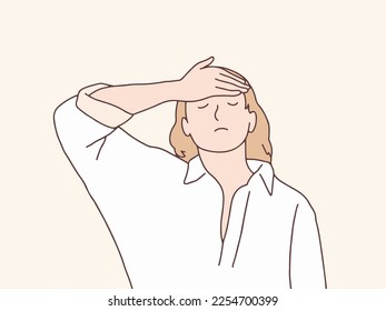 Woman touching her feverish hot forehead simple korean style illustration