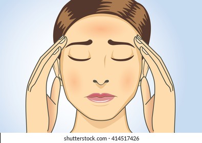 Woman touching her head because she has headaches and fever. This illustration about medical and health.