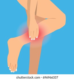 Woman touching her leg, injury and muscle cramp, cartoon flat-style vector illustration.