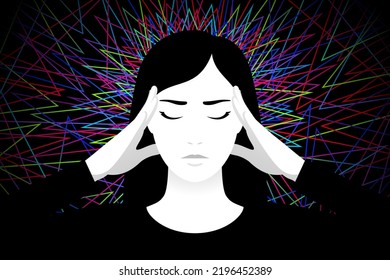 Woman is touching her temples with hands, suffering from headache, unbearable migraine, obsessive depressive thoughts, anxiety disorder, fatigue or nervous tension. Concept of mental health