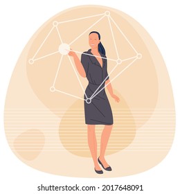 Woman touching hologram virtual screen. Digital management transformation Modern technology big data and business process strategy, cloud computing, smart industry.