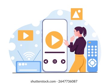 Woman touching large smartphone screen with video player interface, surrounded by media and tech icons, on abstract blue background. Concept of digital streaming. Vector illustration