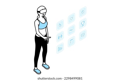 Woman touching the menu icon in the air, VR fitness app, wearing VR goggles, Vector Illustration