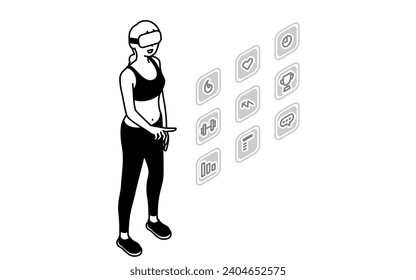 Woman touching the menu icon in the air, VR fitness app, wearing VR goggles, Vector Illustration