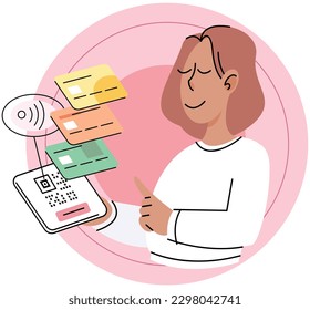 Woman touching mobile screen for payment by scan QR code to paying for online purchases. Contactless payment. People at shop or supermarket make transaction using smartphone app, mobile cashless