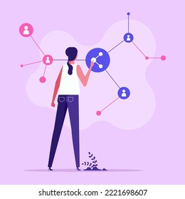 Woman touching network structure. Concept of online or digital content sharing, social media activity, internet blogging, transfer of information, flat vector illustration